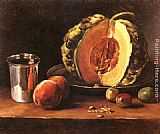 Francois Bonvin Still life with a Pumpkin, Peaches and a Silver Goblet on a Table Top painting